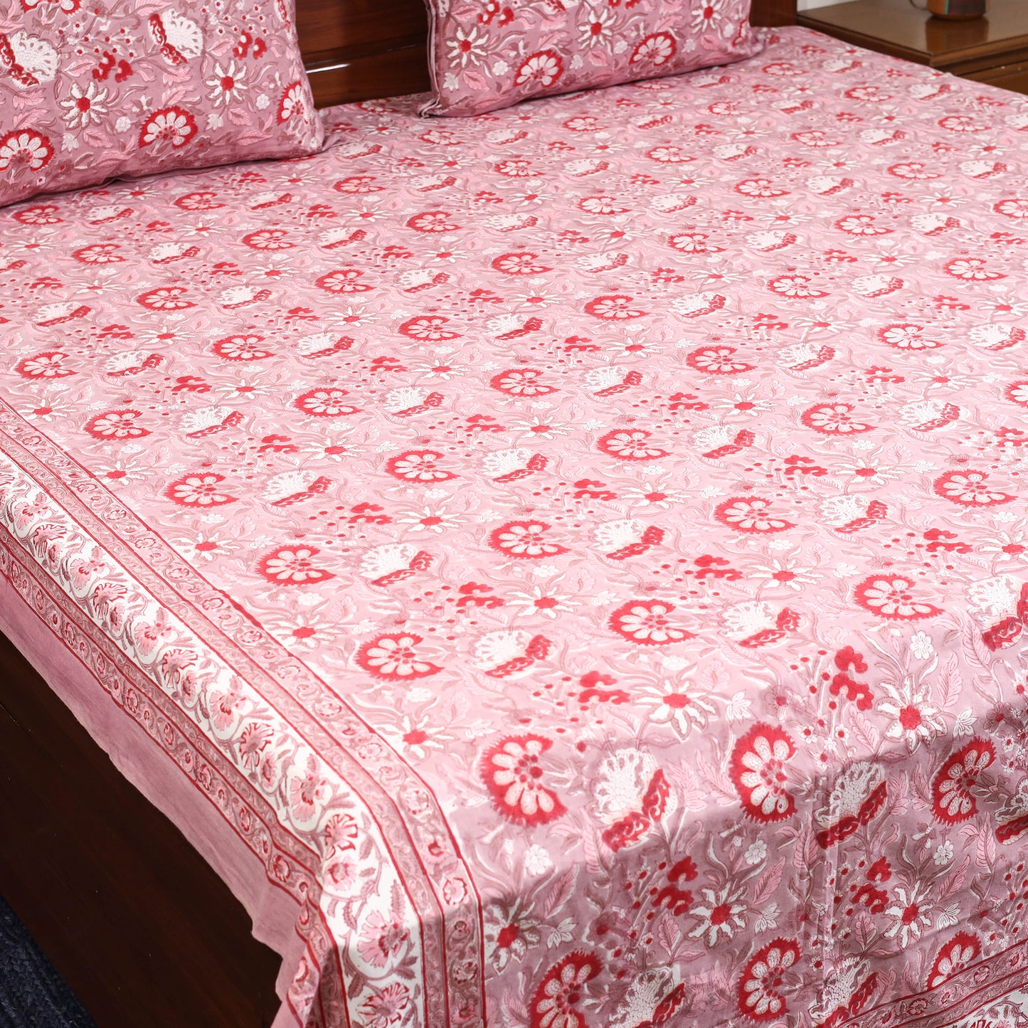 Pink - cotton double sanganeri bed sheet set (108 x 90 in)
