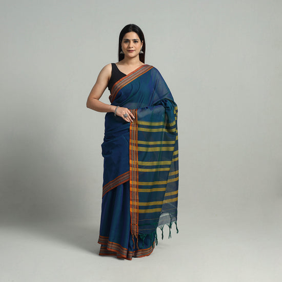 Blue - Mercerised Cotton Thread Border Dharwad Saree 38