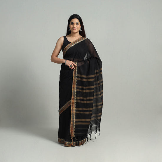 Black - Mercerised Cotton Thread Border Dharwad Saree 39