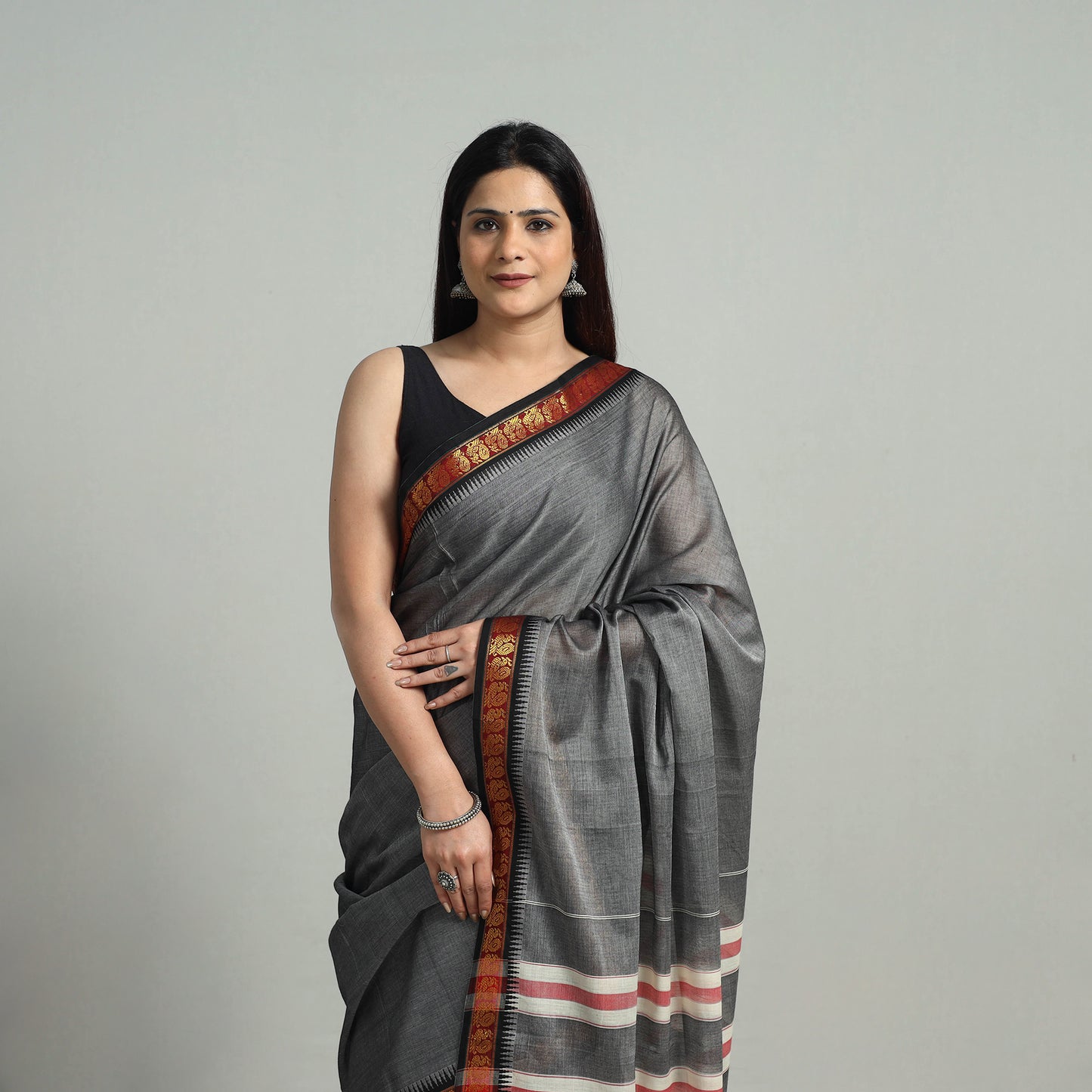 Grey - Mercerised Cotton Zari Border Dharwad Saree 40