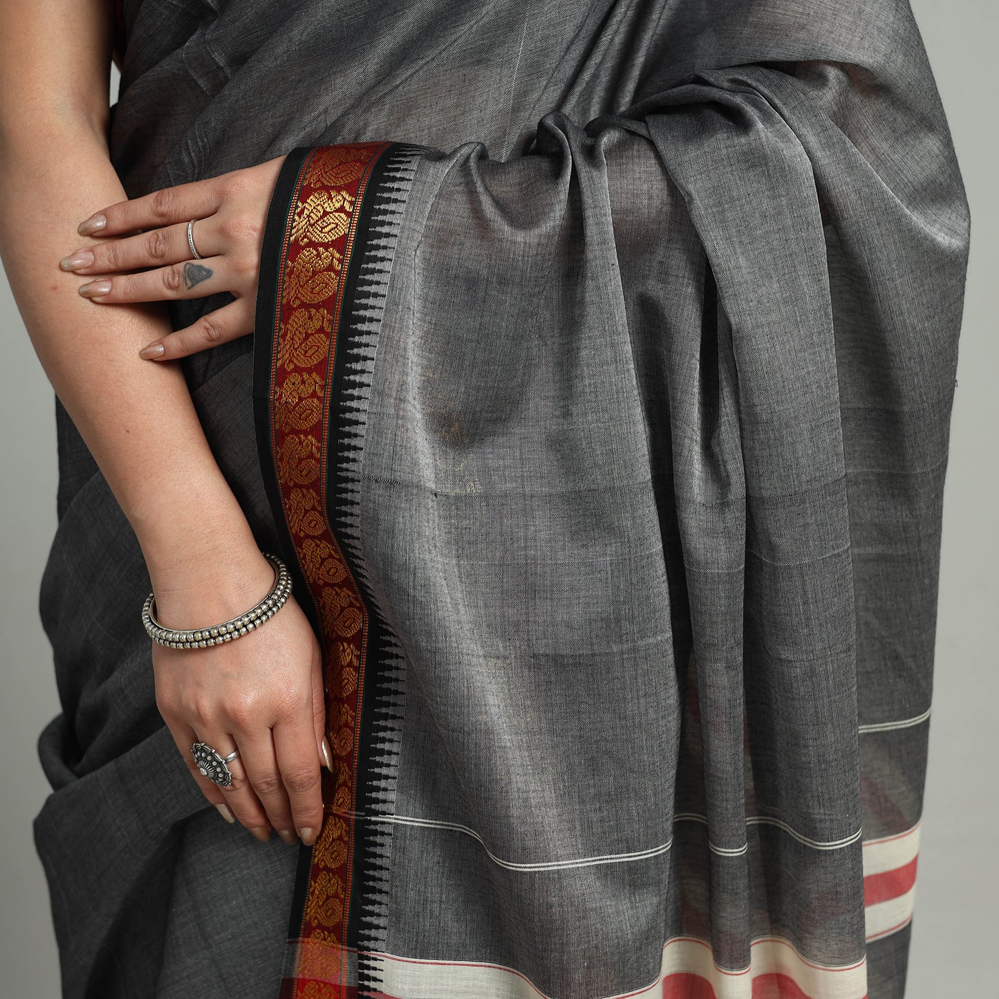 Grey - Mercerised Cotton Zari Border Dharwad Saree 40