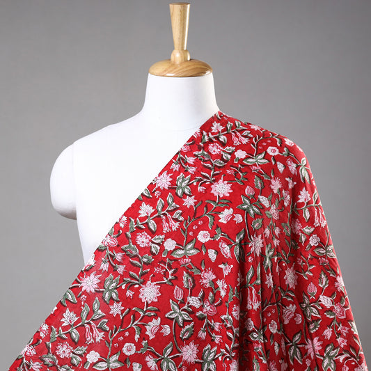 Red Blossoming Flowers Pattern Sanganeri Block Printed Cotton Fabric