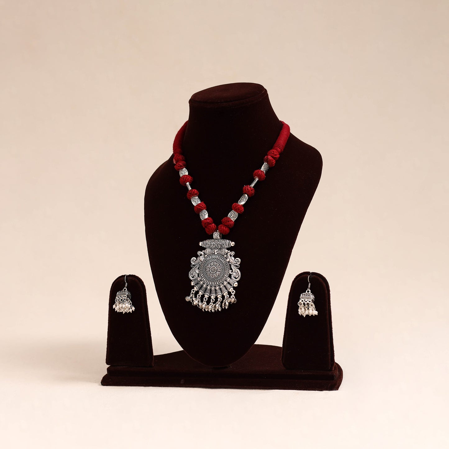 Red German Silver Thread Beads Necklace Set