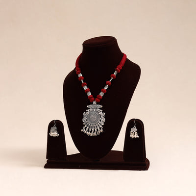 Red German Silver Thread Beads Necklace Set