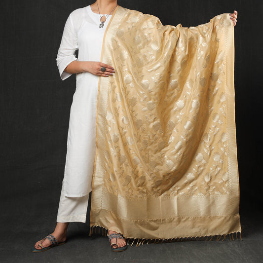Beige - Banarasi Semi Silk Zari Jaal Dupatta with Tassels