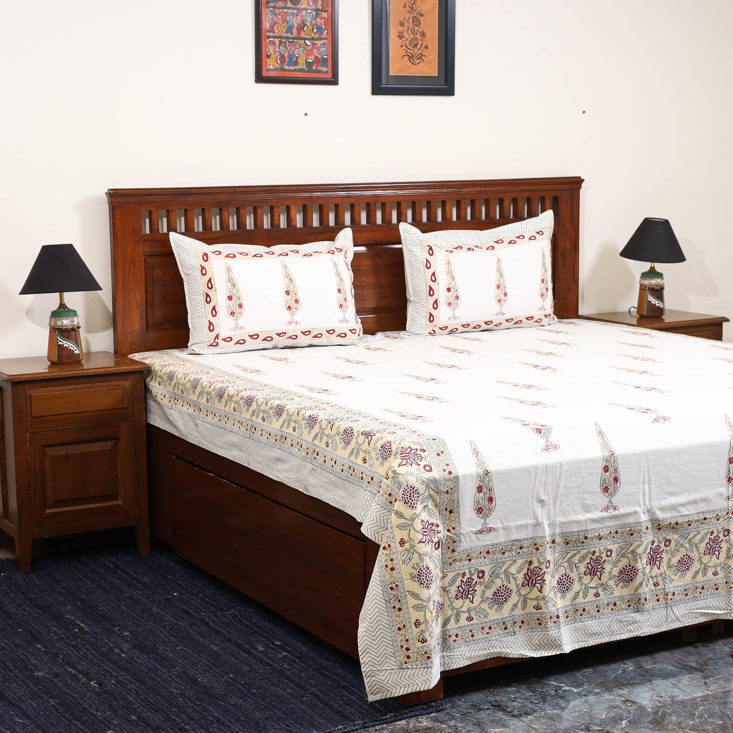 White - cotton double sanganeri bed sheet set (108 x 90 in)