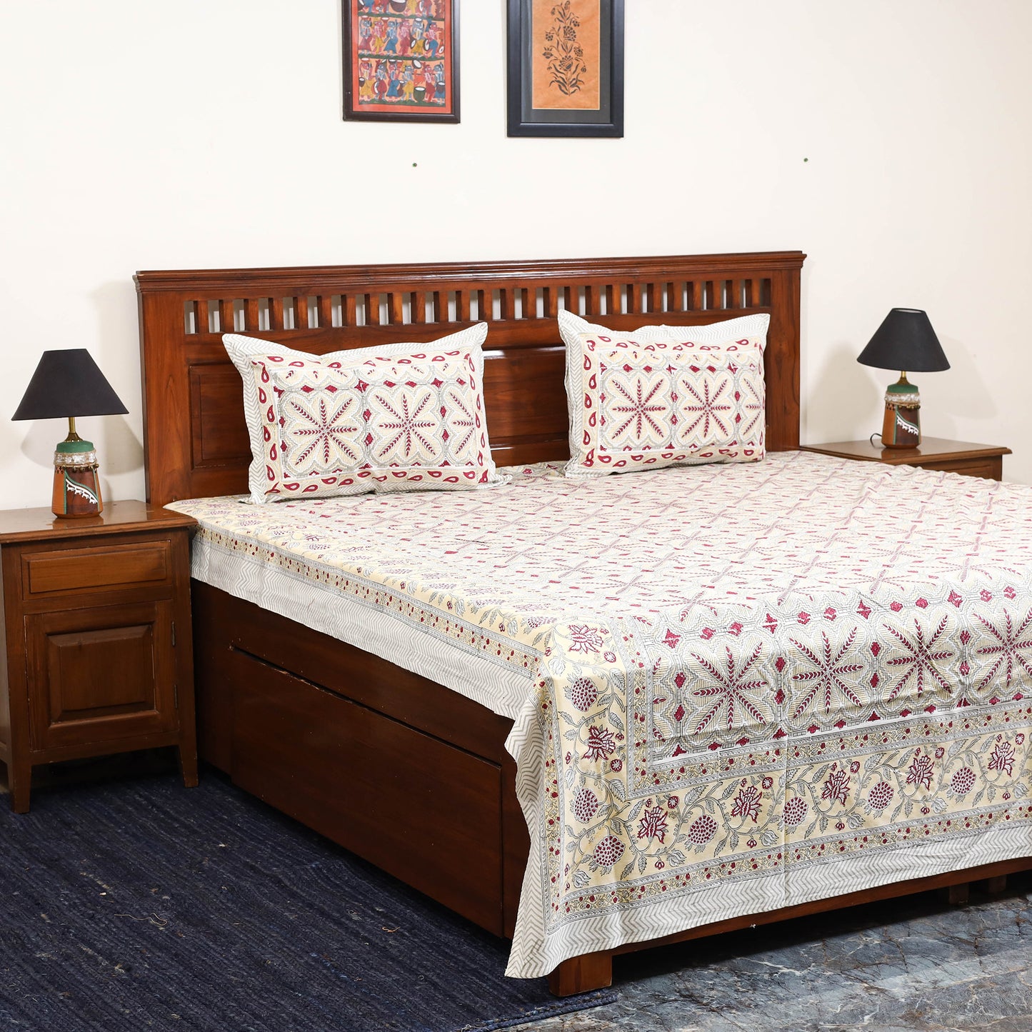 Beige - cotton double sanganeri bed sheet set (108 x 90 in)