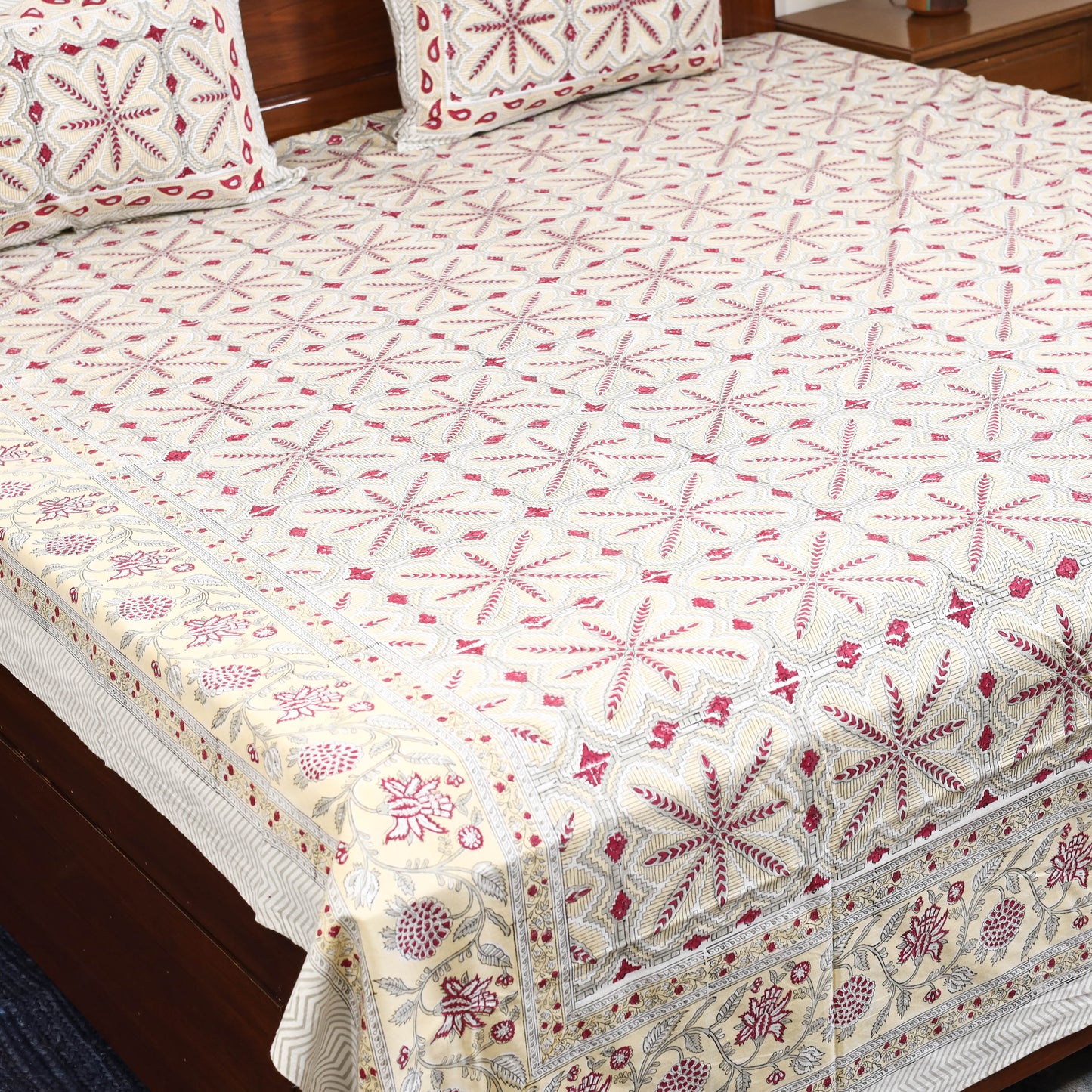 Beige - cotton double sanganeri bed sheet set (108 x 90 in)