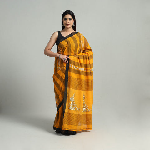 Orange - Handloom Cotton Bengal Kantha Embroidery Saree 01