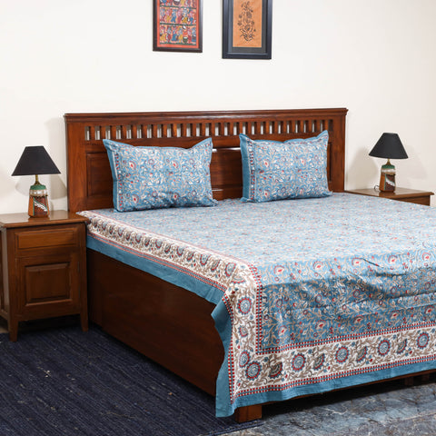Blue - cotton double sanganeri bed sheet set (108 x 90 in)