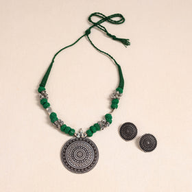Green - german silver thread beads necklace set 38