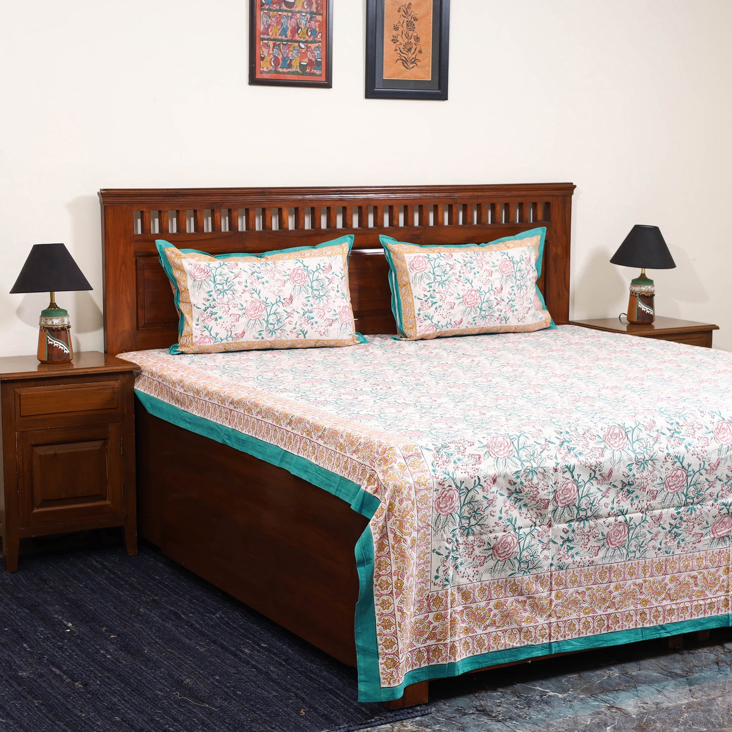 White - cotton double sanganeri bed sheet set (108 x 90 in)