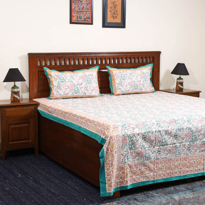 White - cotton double sanganeri bed sheet set (108 x 90 in)