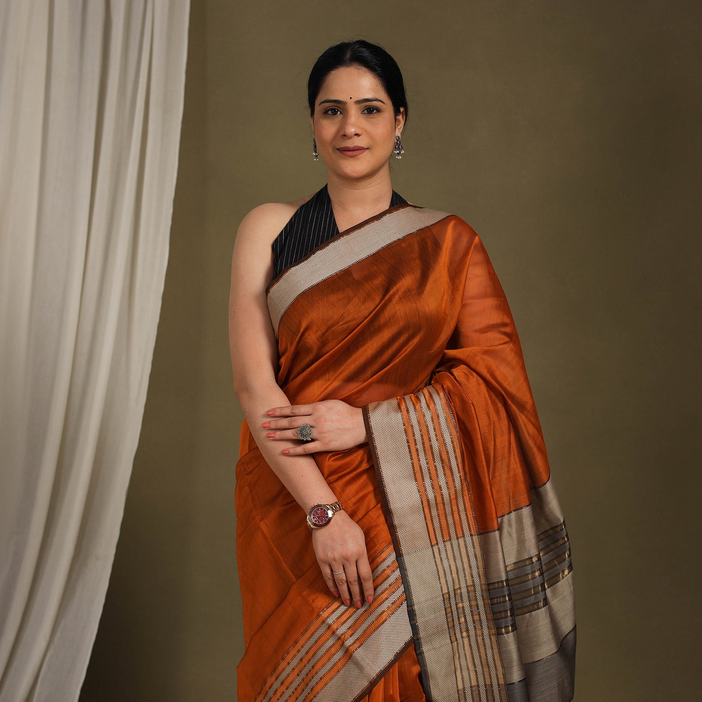 Orange - traditional handloom silk cotton maheshwari saree