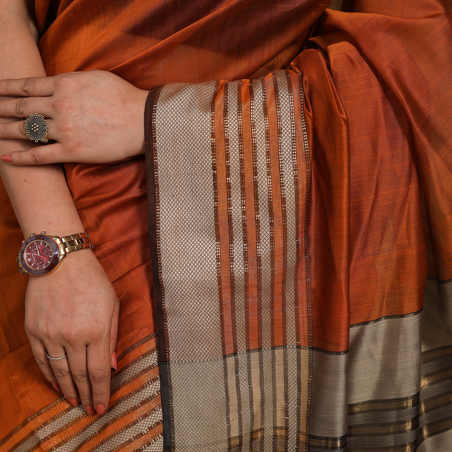Orange - traditional handloom silk cotton maheshwari saree