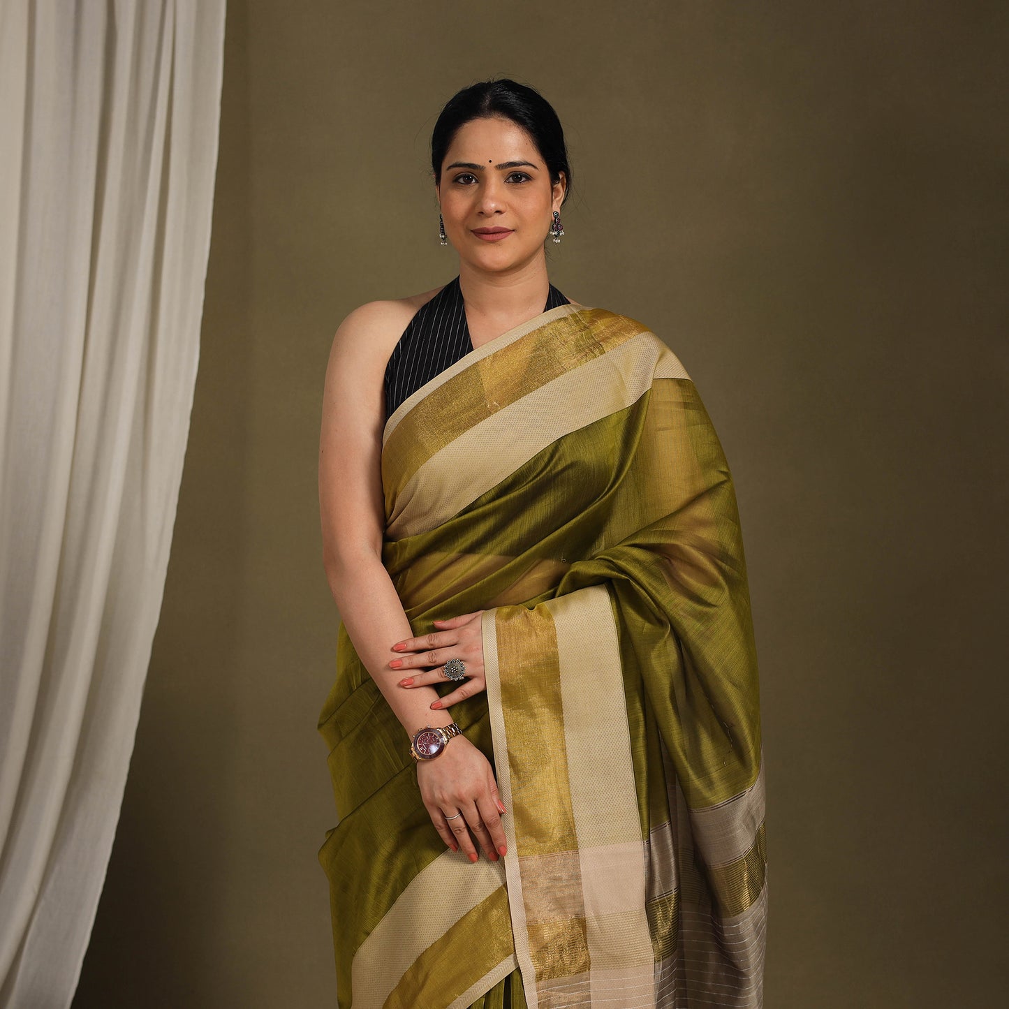 Green - traditional handloom silk cotton maheshwari saree