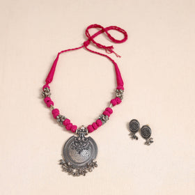 Pink German Silver Thread Beads Necklace Set