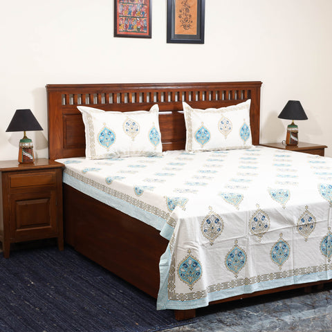 White - cotton double sanganeri bed sheet set (108 x 90 in)