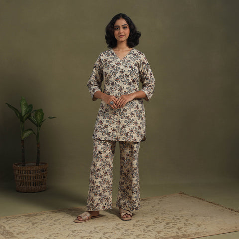 Beige Pedana Natural Dyed Block Print Kalamkari Co-ord Set 