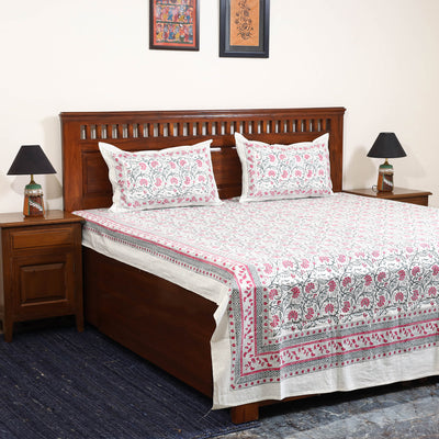 White - cotton double sanganeri bed sheet set (108 x 90 in)