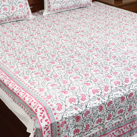 White - cotton double sanganeri bed sheet set (108 x 90 in)