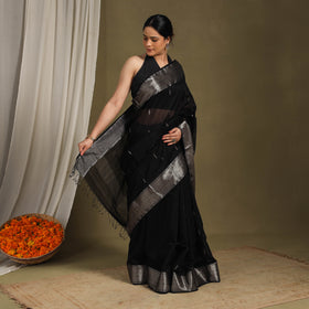 Black - traditional handloom zari buta silk cotton