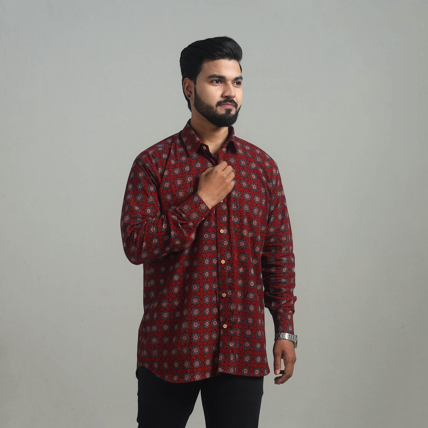 Maroon - Natural Dyed Cotton Men Ajrakh Print Shirt 08