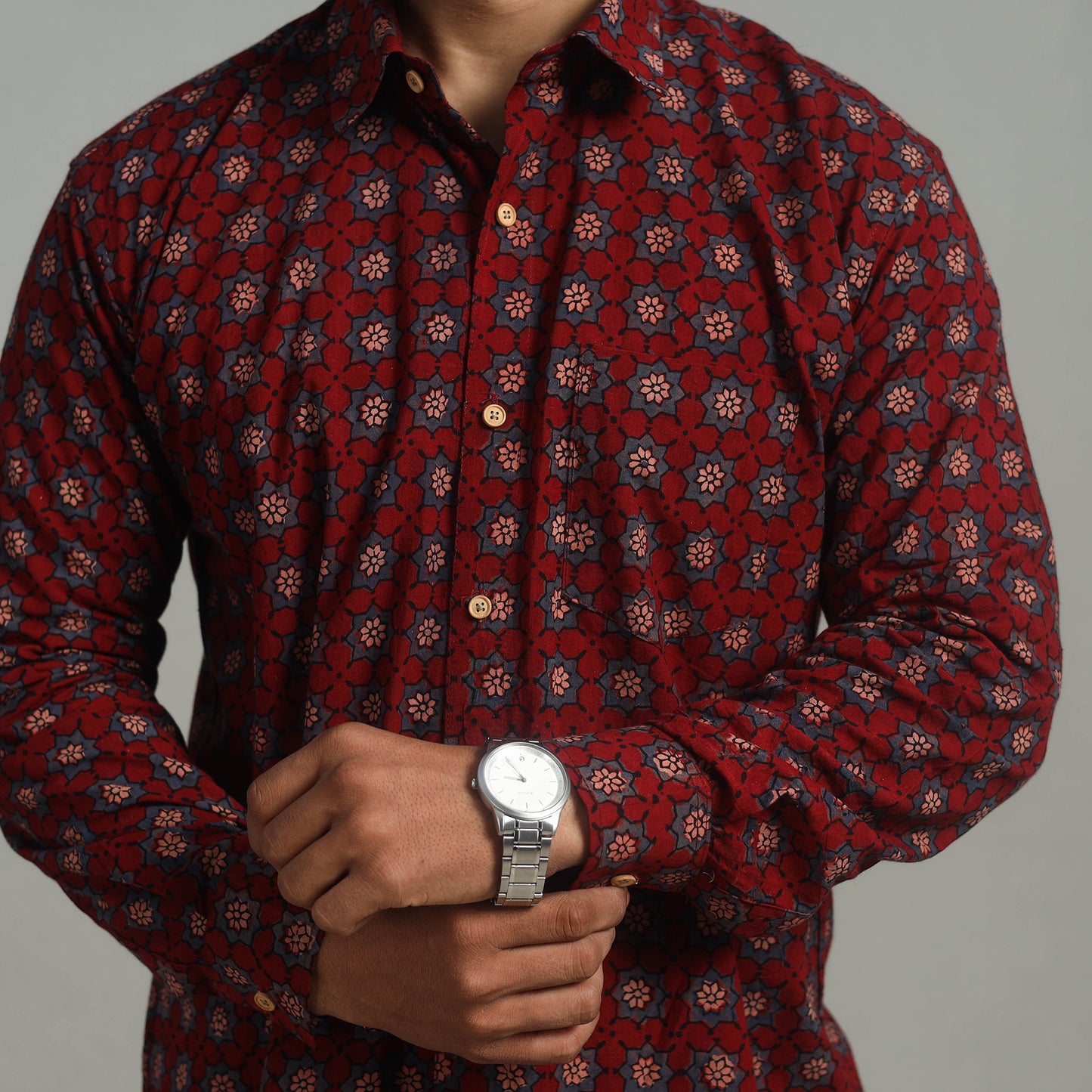 Maroon - Natural Dyed Cotton Men Ajrakh Print Shirt 08