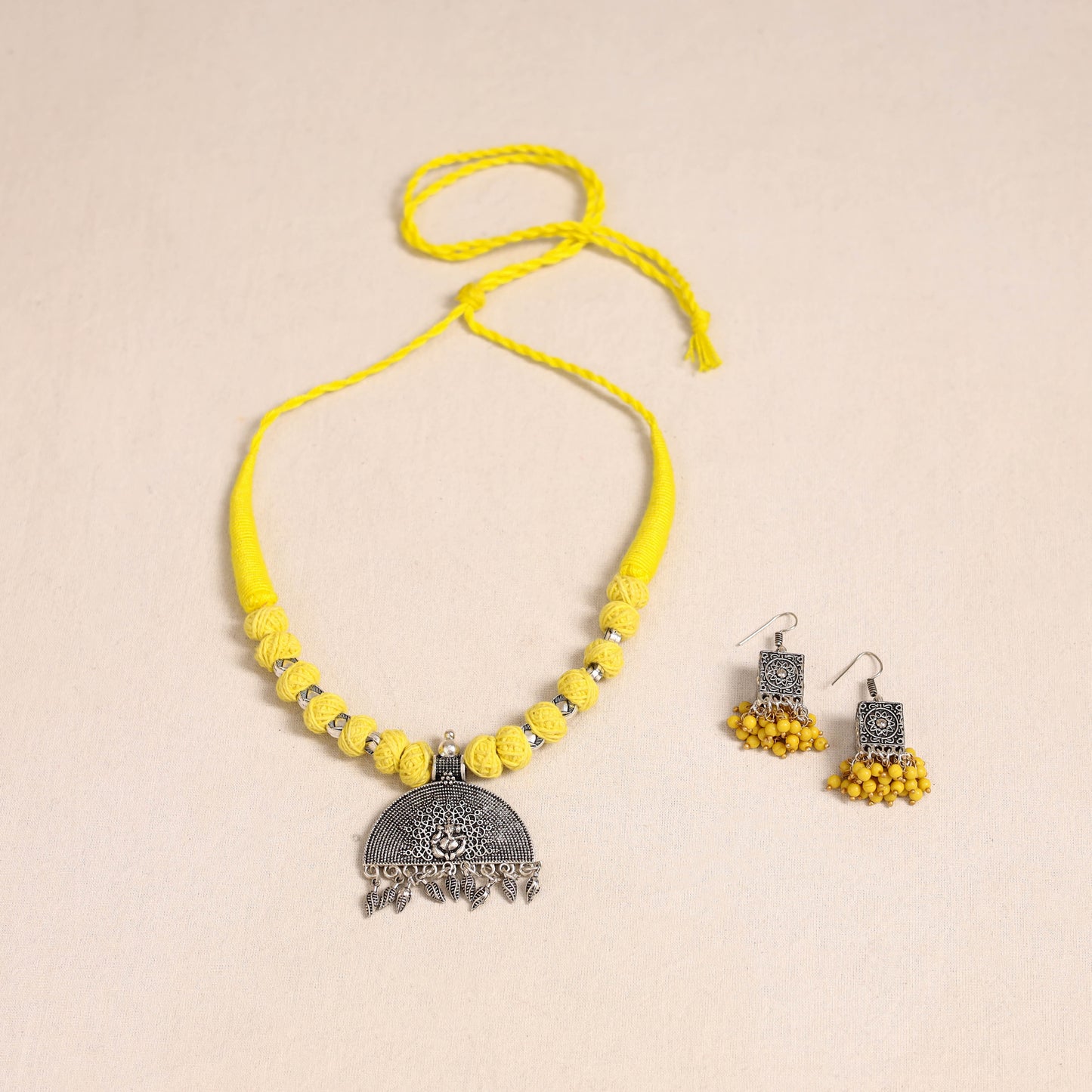 Yellow German Silver Thread Beads Necklace Set