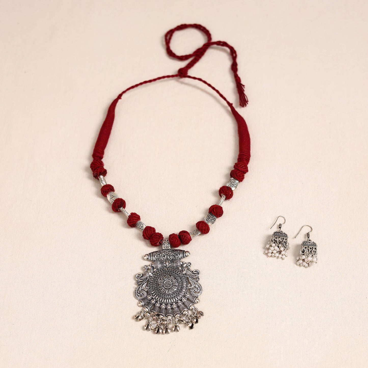 Red German Silver Thread Beads Necklace Set