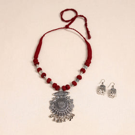 Red German Silver Thread Beads Necklace Set