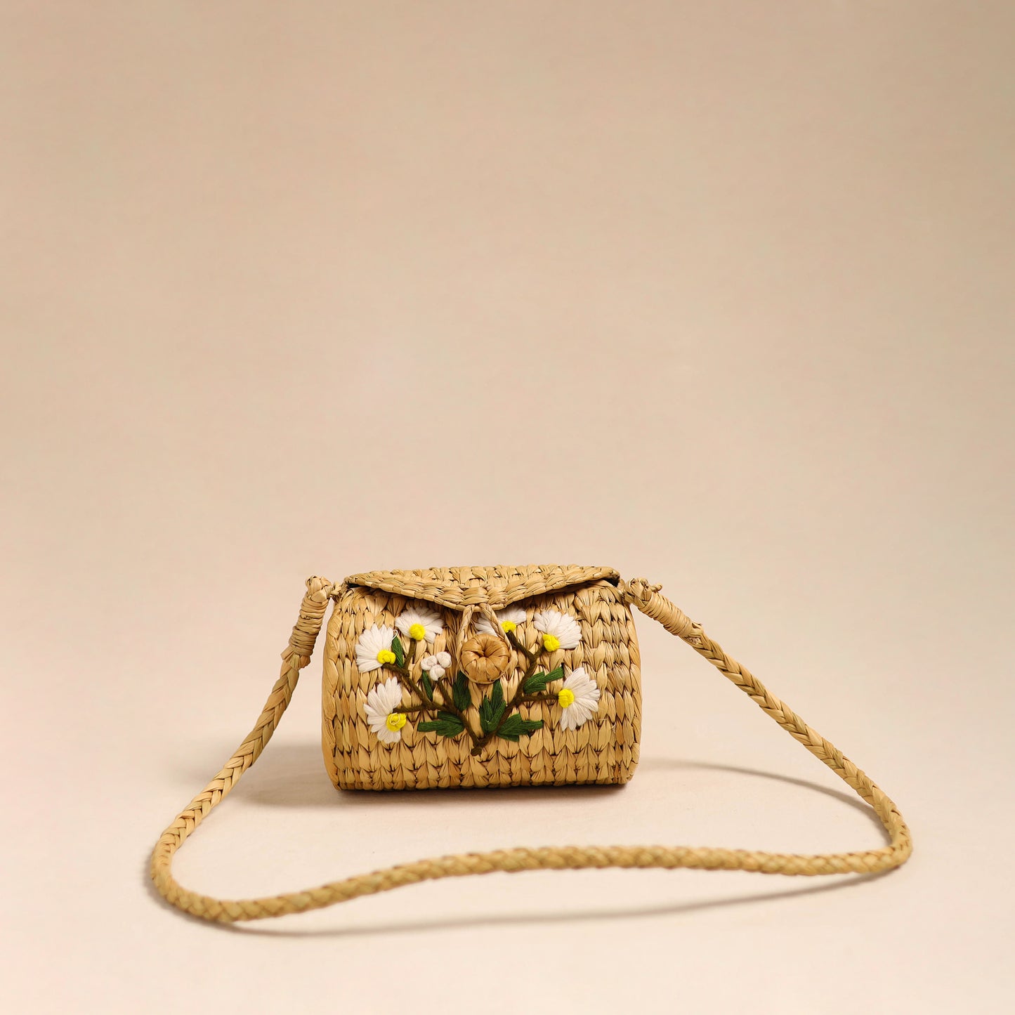 Beige Handcrafted Natural Water Reed Embroidered Sling Bag