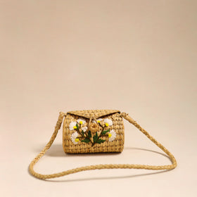 Beige Handcrafted Natural Water Reed Embroidered Sling Bag