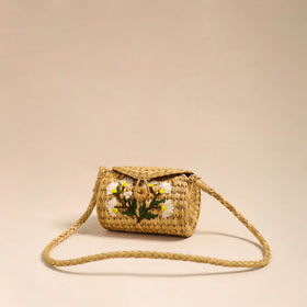 Beige Handcrafted Natural Water Reed Embroidered Sling Bag