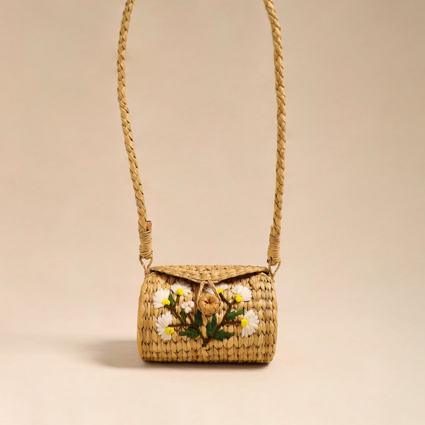 Beige Handcrafted Natural Water Reed Embroidered Sling Bag