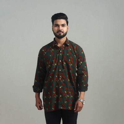 Green - Natural Dyed Cotton Men Ajrakh Print Shirt 13