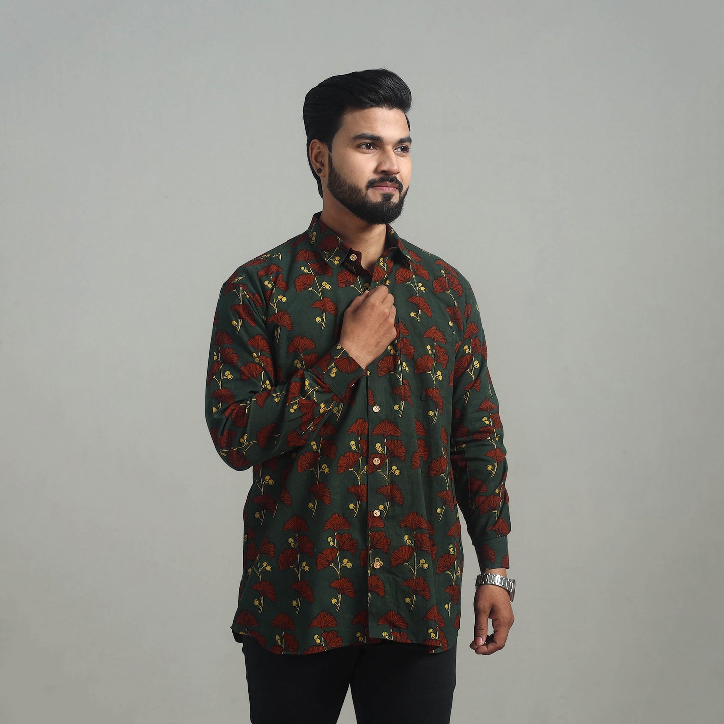 Green - Natural Dyed Cotton Men Ajrakh Print Shirt 13