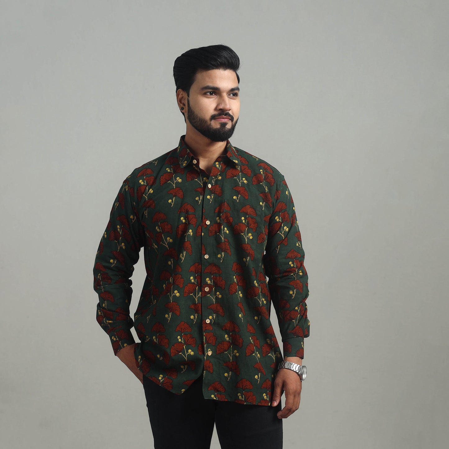 Green - Natural Dyed Cotton Men Ajrakh Print Shirt 13