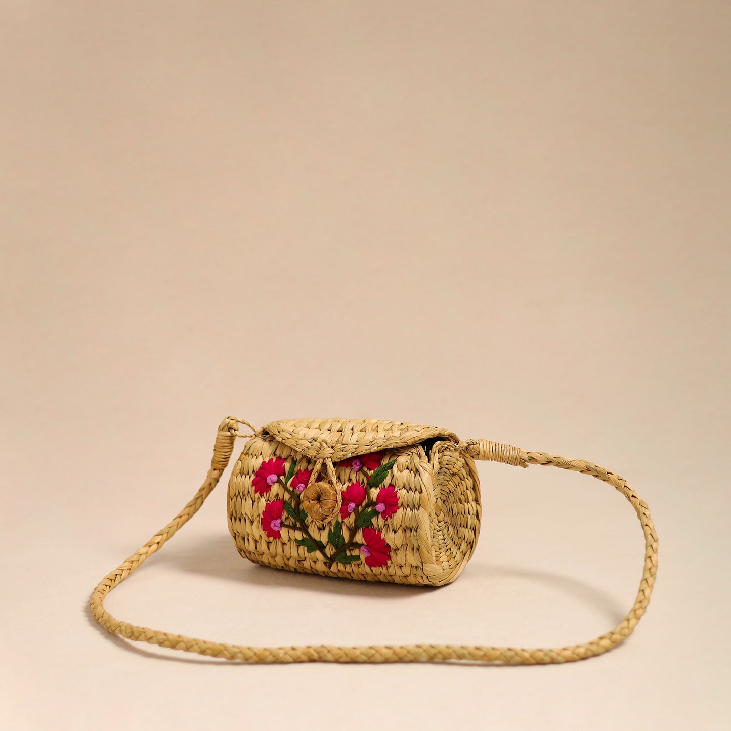 Pink Handcrafted Natural Water Reed Embroidered Sling Bag 