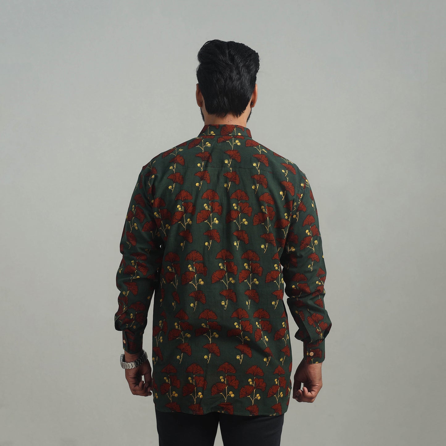 Green - Natural Dyed Cotton Men Ajrakh Print Shirt 13