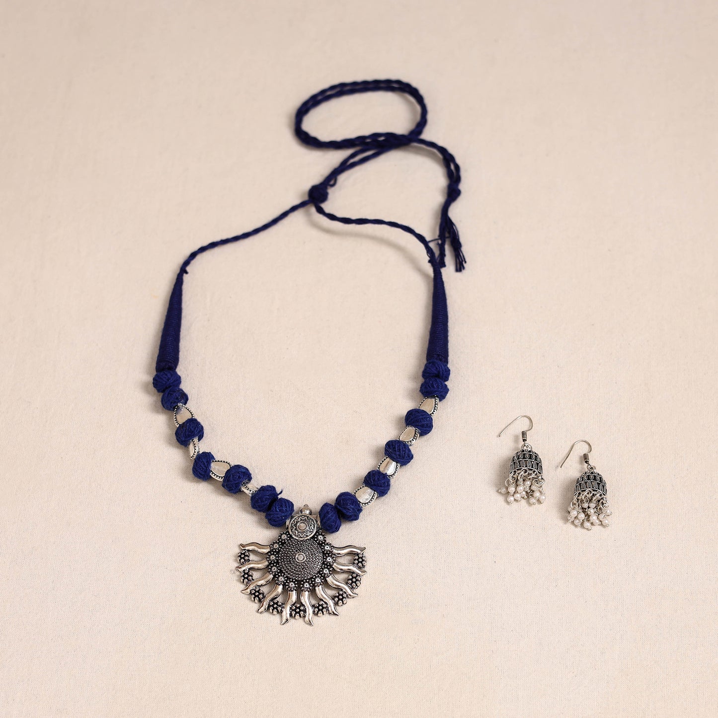 Blue - german silver thread beads necklace set 02