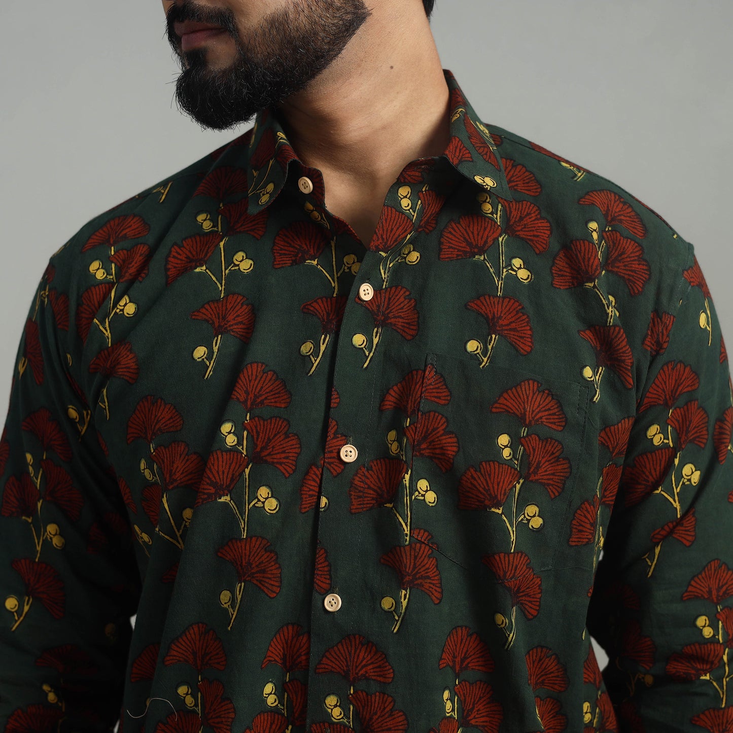 Green - Natural Dyed Cotton Men Ajrakh Print Shirt 13