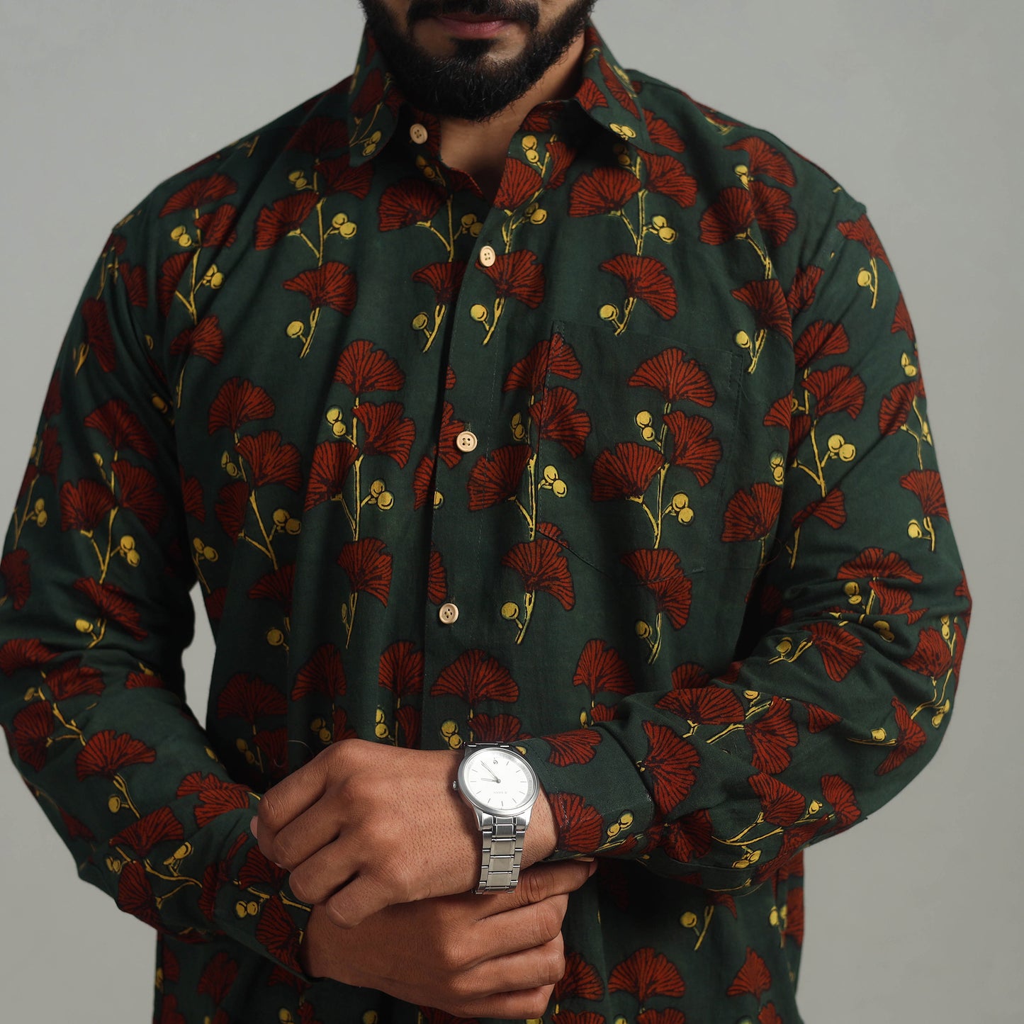 Green - Natural Dyed Cotton Men Ajrakh Print Shirt 13