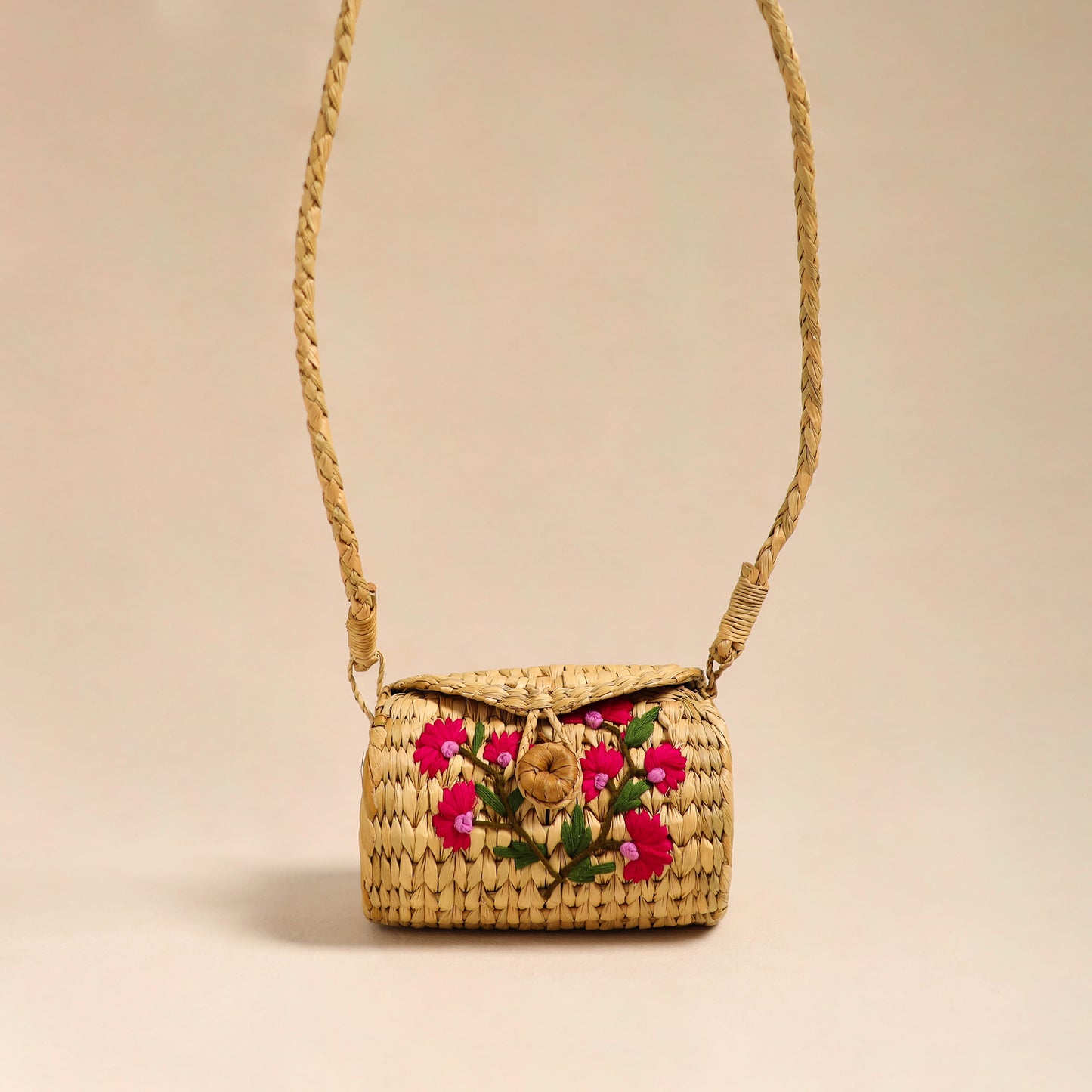 Pink Handcrafted Natural Water Reed Embroidered Sling Bag 