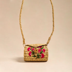 Pink Handcrafted Natural Water Reed Embroidered Sling Bag 