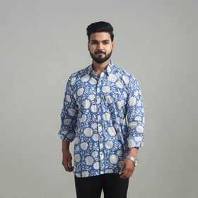Buy Blue Full Sleeve Cotton Men Sanganeri Print Shirt