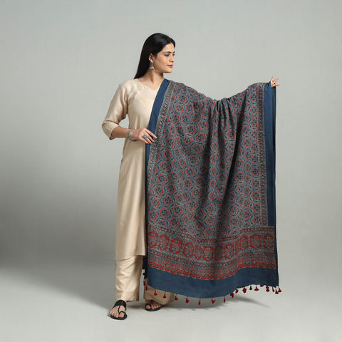 Blue - Hand Block Printed Cotton Ajrakh Dupatta 07