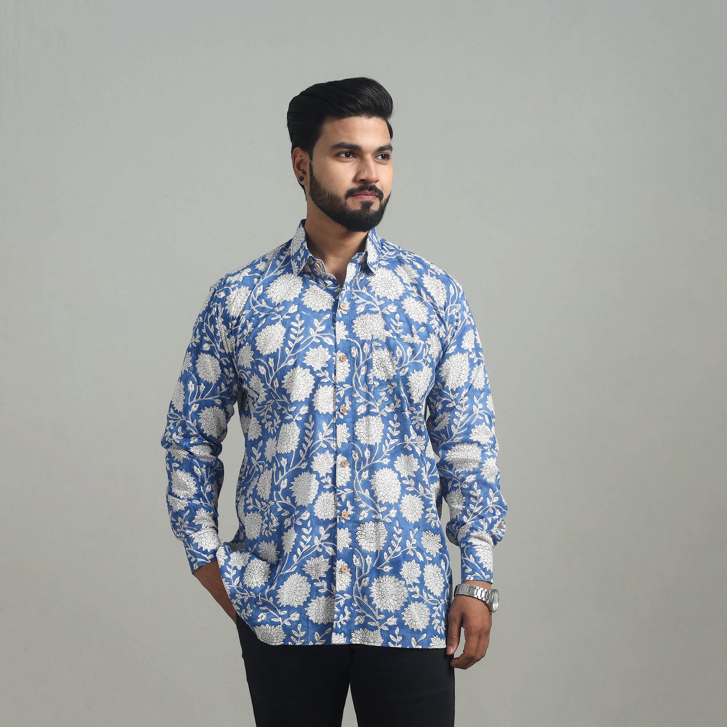 Blue - Full Sleeve Cotton Men Sanganeri Print Shirt 07