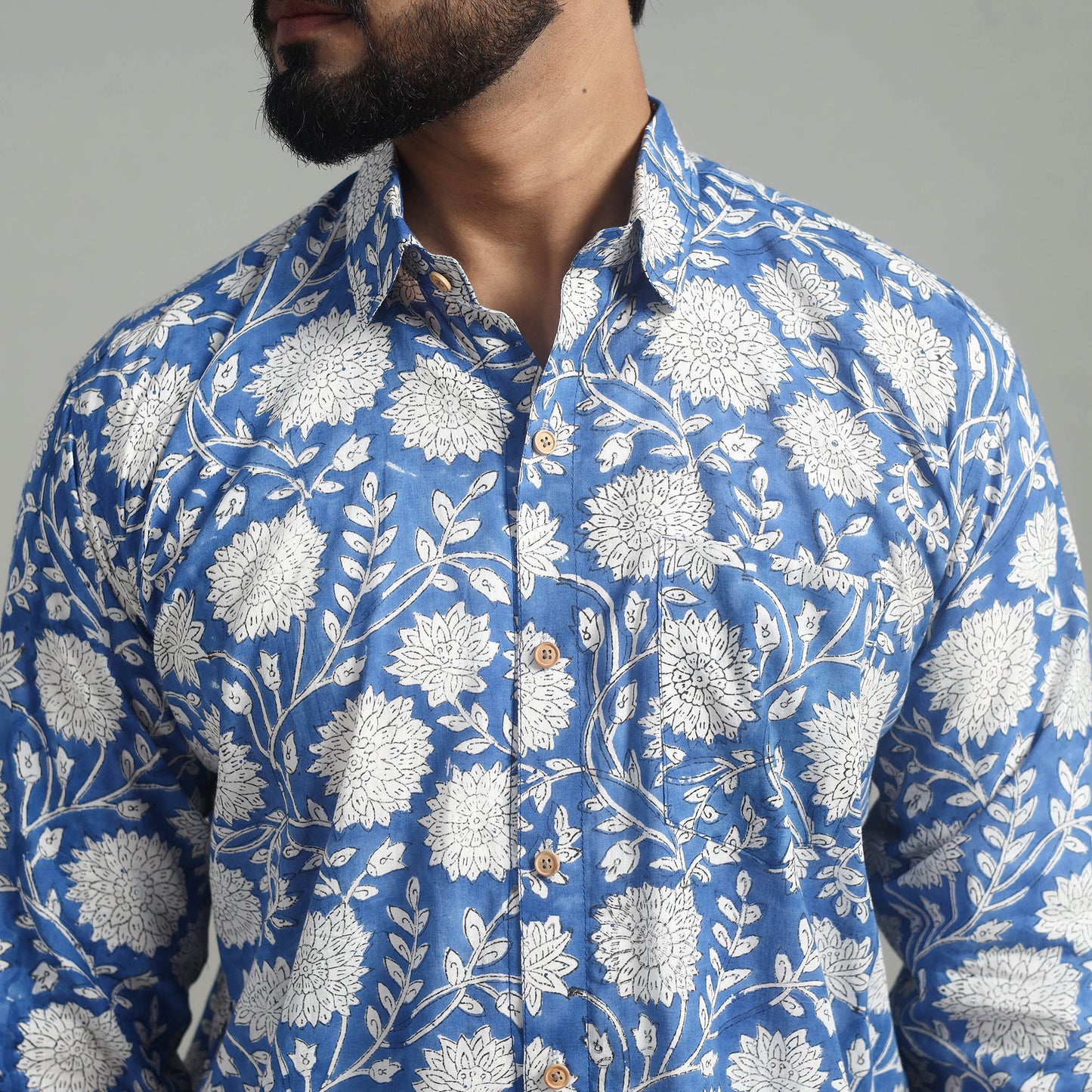 Blue - Full Sleeve Cotton Men Sanganeri Print Shirt 07