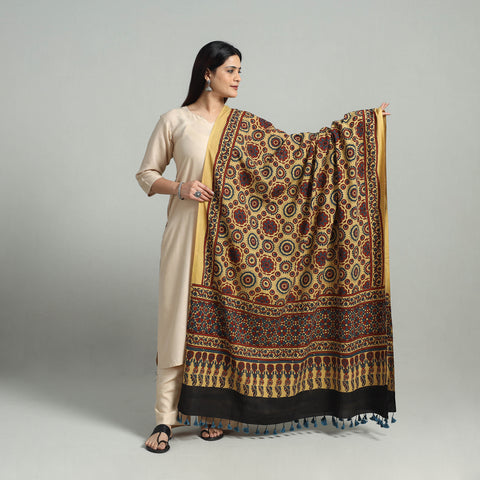 Yellow - Hand Block Printed Cotton Ajrakh Dupatta 08